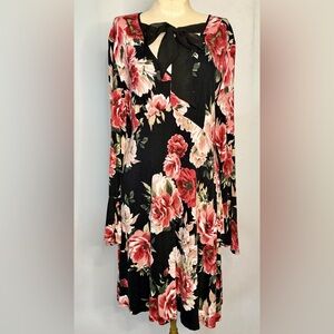 Xhilaration Black and Pink Floral Long Sleeve Dress w Tie Front